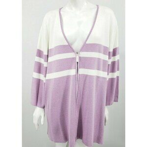 New Bob Mackie Wearable Art Sweater Womens 3X Lavender White Stripe Zip Up